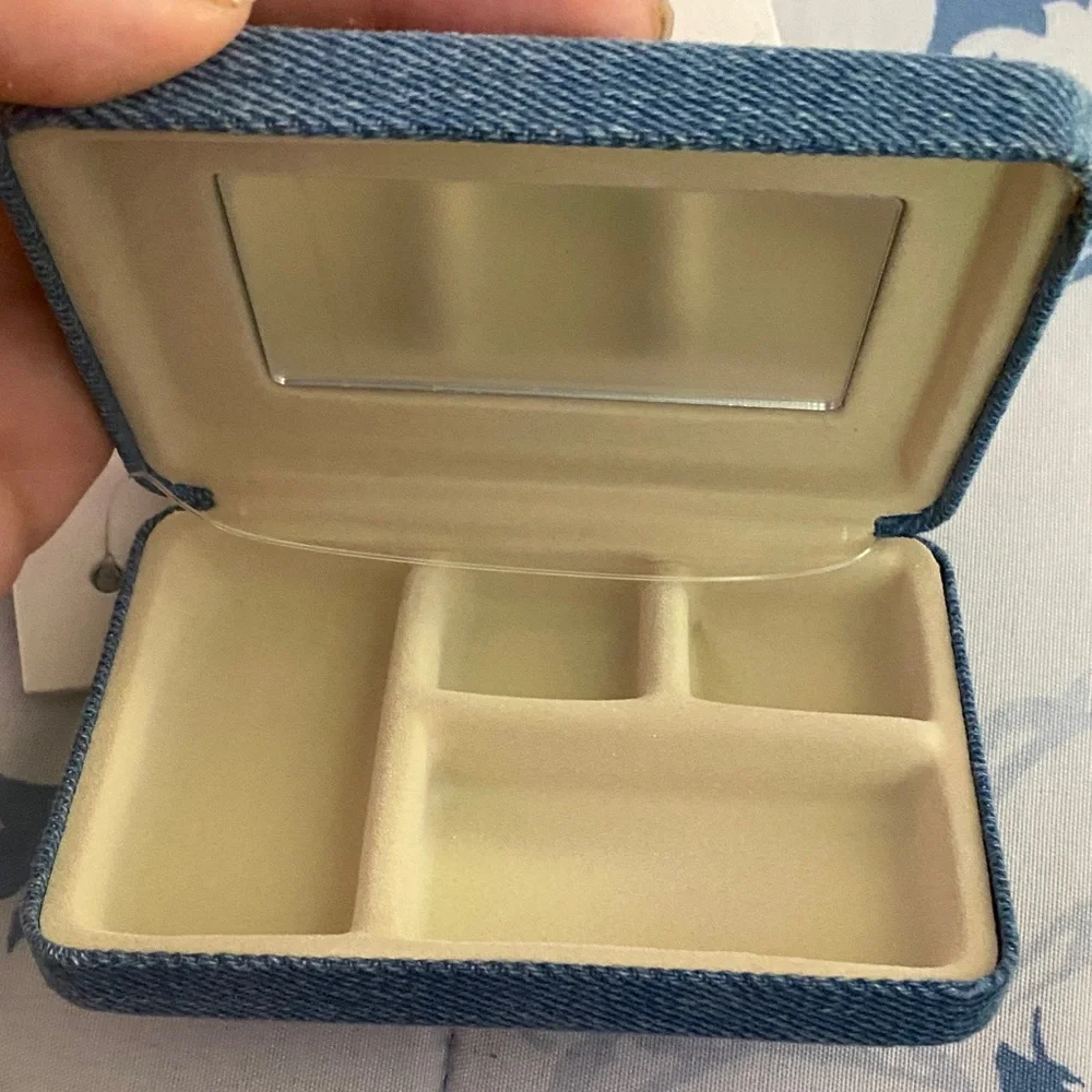 American Eagle Outfitters Denim Jewelry Box with Pink Embroidery + Earrings - Picture 2 of 2